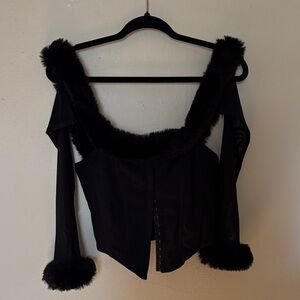 Elegant Black Faux Fur Trimmed Women's Top